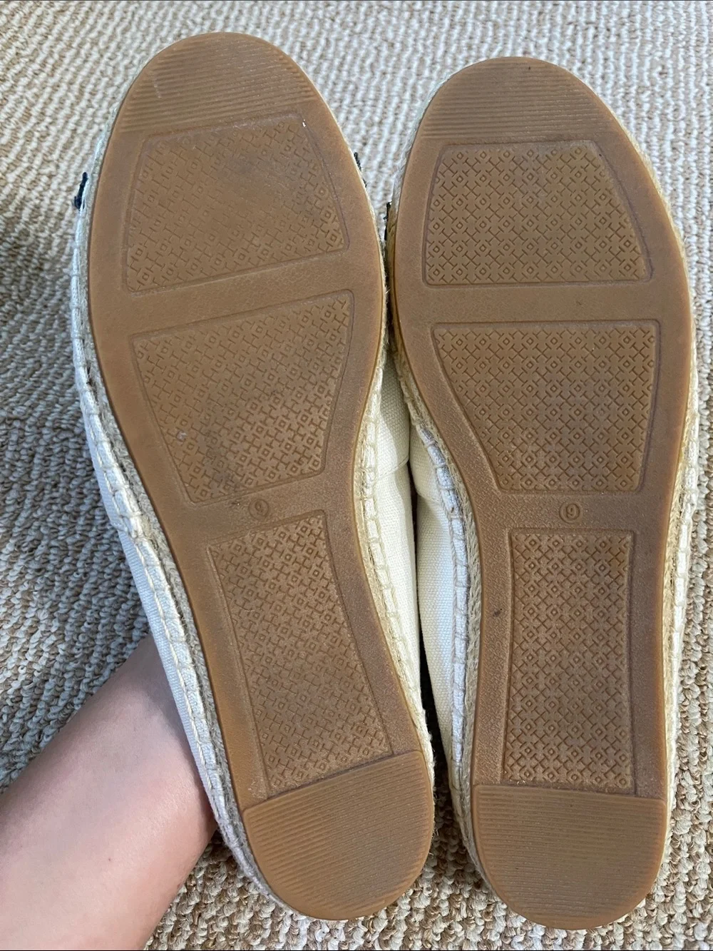 Tory Burch Cream Canvas Espadrilles with Navy & Tan Logo Accents